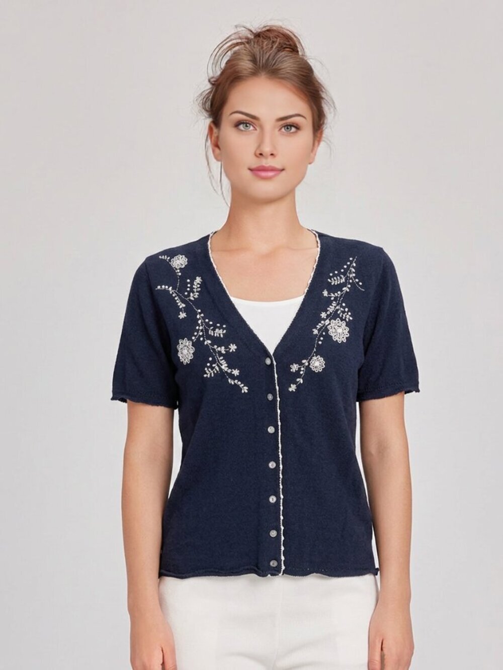 R&K Originals Navy Cotton Knit Floral Embroidery Sequin Nacre Buttons Cardigan